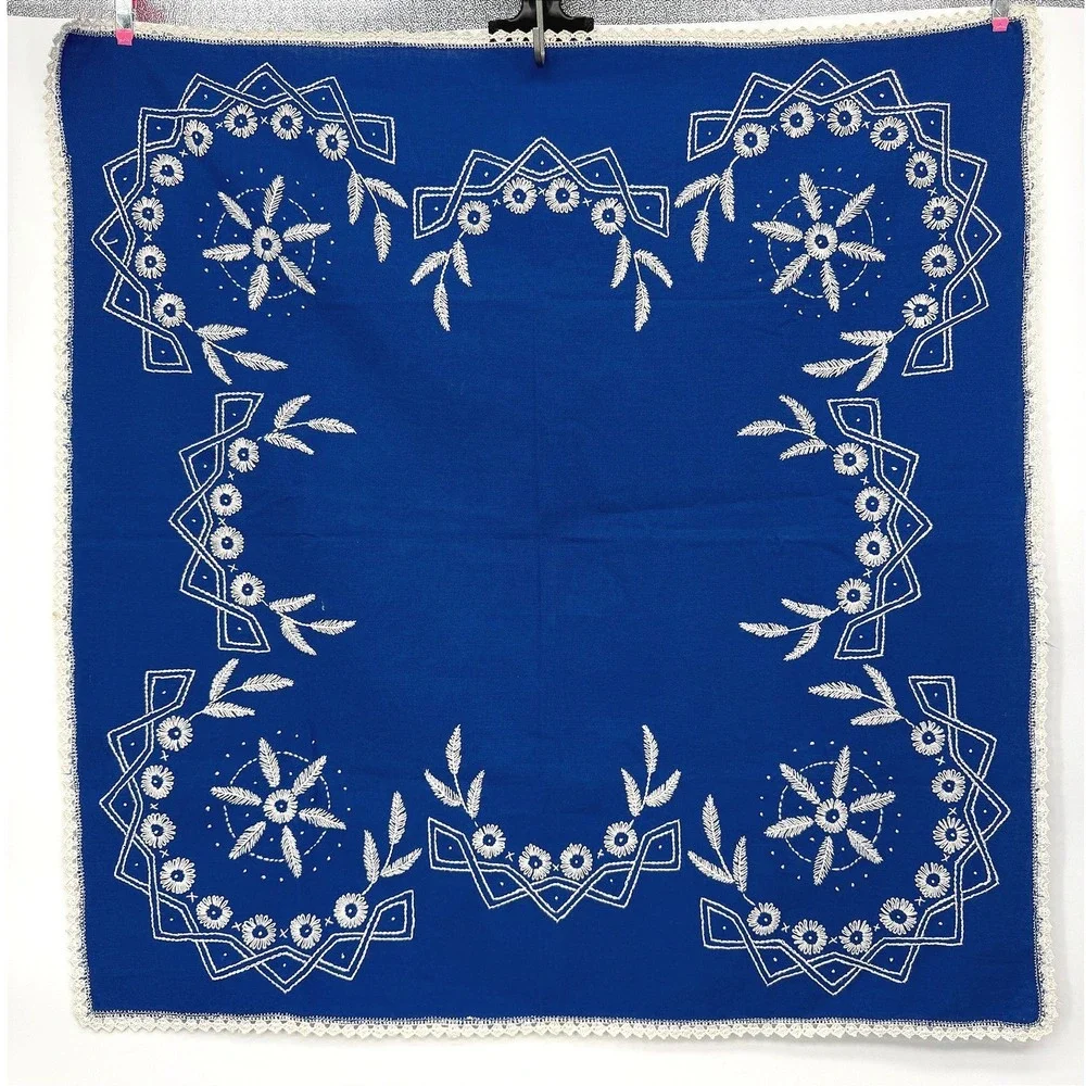 Boho Table Dresser Scarf Embroidered Floral Crochet Trim Square Cottage 29x30
